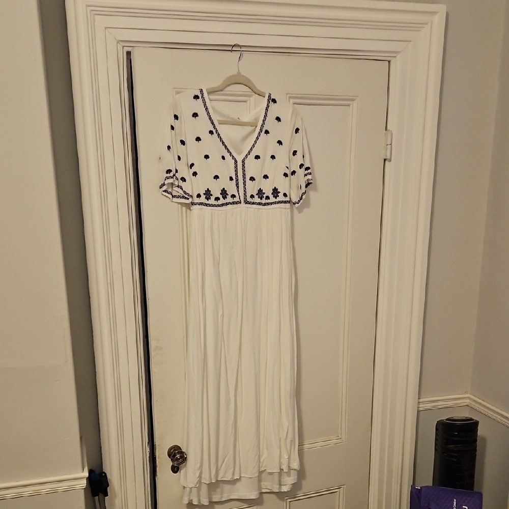 White and Navy Embroidered Women's Dress